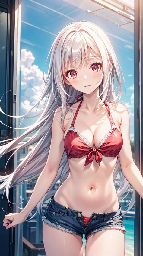 Best Quality, Masterpiece, 1boy, red eyes, white hair, long hair, Solo, Pepper Swim, Standing, :d, Wrist Cuffs, Chest Holds, Normal Breasts, Normal Thigh, Asymmetrical Bikini, Red Cross,