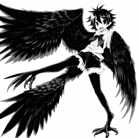<lora:harpy-1_harpy-2--harpy-3_harpy-4:1.0>,
(harpy:1.0), (bird wings, bird legs:1.0), claws, bird tail,
1boy, 1girl, comic, fangs, greyscale, ink, japanese clothes, monochrome, parody, ryuu no haisha, twintails