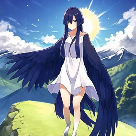 ((masterpiece)),(best quality), absurdres,sadako_yamamura,redeyes, white dress,<lora:Sadakobest:0.6>, mountain,clouds,sun,<lora:animeHarpy_v10:1>,harpy,bird wings,bird legs,claws, bird tail,