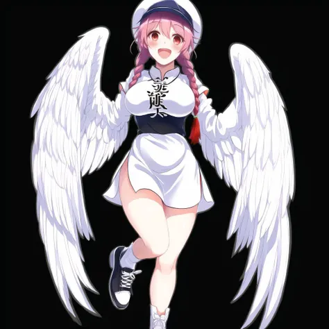 solo, gold eyes, (tsurime), colored inner hair, light pink inner hair, long straight hair, hime cut, angel halo, (small low wings), medium breasts, slender, best quality, (half-closed eyes, smirk, full-face bulsh), (opened mouth:0.5), full body, long legs, from front, arms at side, standing, (completely nude, nipple piercing, naval piercing, rope, shibari, bound wrists, leash, pussy juice,), (white background:1.5)