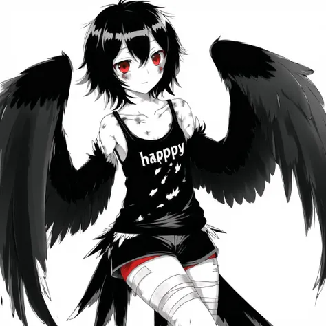 <lora:harpy-1_harpy-2--harpy-3_harpy-4:1.0>,
(harpy:1.0,), (bird wings, bird legs:1.0), claws, bird tail,
black hair, bruise, camisole, collarbone, face, injury, monochrome, red eyes, short hair, solo, spot color, bandage
