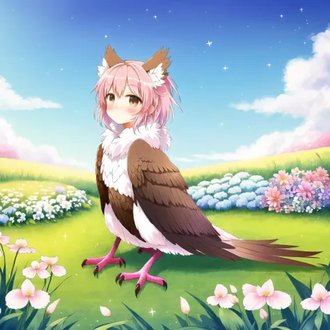 <lora:harpy-1_harpy-2--harpy-3_harpy-4:1.0>,
(harpy:1.0), (bird wings, bird legs:1.0), claws, bird tail,
animal ear fluff, animal focus, blue flower, blue sky, blush, brown eyes, bush, day, fence, flower, fluffy, full body, fur collar, gradient sky, grass, heart, light blush, livly, looking at viewer, muguet, no humans, outdoors, pink flower, plaid, rug, sitting, sky, solo, sparkle, star \(symbol\), yellow flower