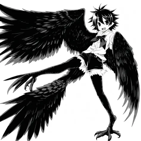 <lora:harpy-1_harpy-2--harpy-3_harpy-4:1.0>,
(harpy:1.0), (bird wings, bird legs:1.0), claws, bird tail,
1boy, 1girl, comic, fangs, greyscale, ink, japanese clothes, monochrome, parody, ryuu no haisha, twintails