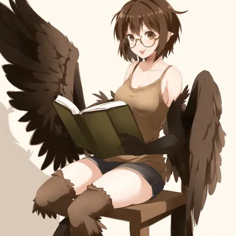 <lora:harpy-1_harpy-2--harpy-3_harpy-4:1.0>,
(harpy:1.2), (bird wings, bird legs:1.0), claws, bird tail,
:p, adjusting glasses, book, brown eyes, brown hair, camisole, chair, glasses, looking at viewer, open book, seiza, short hair, sitting, solo, tongue