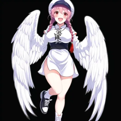 <lora:harpy-1_harpy-2--harpy-3_harpy-4:1.0>, 

(harpy:1.0), (bird wings, bird legs:1.1), claws, bird tail,


1girl, \\(^o^\)/, arms up, black shirt, blush, braid, breasts, china dress, chinese clothes, collared shirt, dress, happy, hat, large breasts, long hair, muscle, muscular female, open mouth, scar, shirt, shoes, sleeves rolled up, smile, solo, star, tongue, twin braids, white background, white shirt