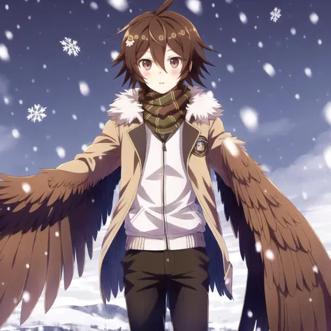<lora:harpy-1_harpy-2--harpy-3_harpy-4:1.2>,
(harpy:1.0), (bird wings, bird legs:1.2), claws, bird tail,
1boy, ahoge, alternate costume, bangs, blurry, blurry background, brown eyes, brown hair, brown jacket, dangan ronpa \(series\), dangan ronpa 2: goodbye despair, evening, foreshortening, hand up, highres, hiiragi \(hiiragi dgrp\), jacket, long sleeves, male focus, open clothes, open jacket, outdoors, parted lips, scarf, short hair, snowing, solo