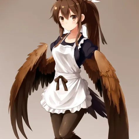 <lora:harpy-1_harpy-2--harpy-3_harpy-4:1.2>,
(harpy:1.2), (bird wings, bird legs:1.0), claws, bird tail,
1girl, apron, breasts, brown eyes, brown hair, highres, long hair, ponytail, solo, waitress