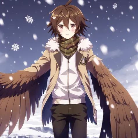 <lora:harpy-1_harpy-2--harpy-3_harpy-4:1.2>,
(harpy:1.0), (bird wings, bird legs:1.2), claws, bird tail,
1boy, ahoge, alternate costume, bangs, blurry, blurry background, brown eyes, brown hair, brown jacket, dangan ronpa \(series\), dangan ronpa 2: goodbye despair, evening, foreshortening, hand up, highres, hiiragi \(hiiragi dgrp\), jacket, long sleeves, male focus, open clothes, open jacket, outdoors, parted lips, scarf, short hair, snowing, solo
