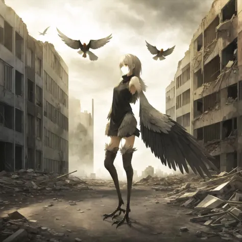 <lora:harpy-1_harpy-2--harpy-3_harpy-4:1.0>,
(harpy:1.0), (bird wings, bird legs:1.0), claws, bird tail,
full body, expressionless, empty eyes, post-apocalypse, crumbling city on background, portrait