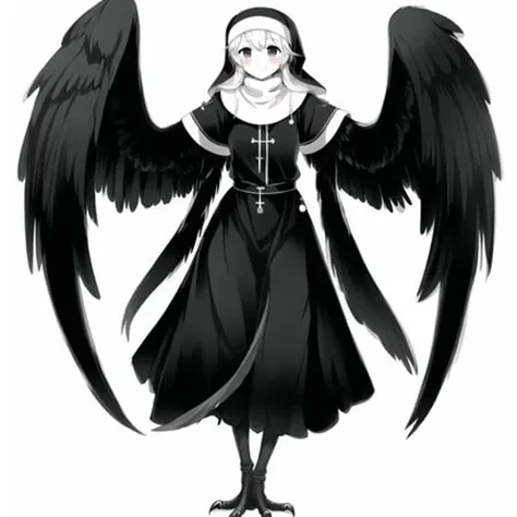 <lora:harpy-1_harpy-2--harpy-3_harpy-4:1.0>,
(harpy:1.0), (bird wings, bird legs:1.0), claws, bird tail,
1girl, blush, female focus, full body, habit, long hair, monochrome, nun, photo \(object\), photo album, robe, safety pin, smile, solo, tears, white background