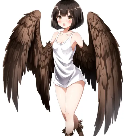 <lora:harpy-1_harpy-2--harpy-3_harpy-4:1.0>,
(harpy:1.0), (bird wings, bird legs:1.0), claws,
solo, 1girl, masterpiece, best quality, black hair, (white camisole), brown eyes, bob cut, blunt bangs, brown eyes, blush, black hair, steaming, (freckles:0.8), collarbone, exposed shoulders, small breasts, empty background, white background, :o, confused, (?)