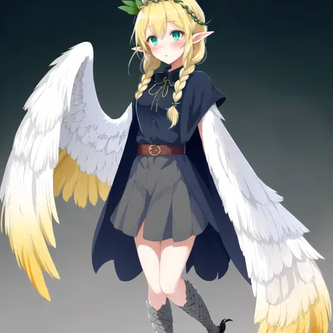<lora:harpy-1_harpy-2--harpy-3_harpy-4:1.2>,
(harpy:1.2), (bird wings, bird legs:1.0), claws, bird tail,
1girl, :o, artist name, bangs, black cape, blonde hair, blue shirt, blush, braid, cape, crown braid, english commentary, forehead, gradient, gradient background, green eyes, grey background, hair ornament, hairclip, highres, looking at viewer, parted bangs, parted lips, pointy ears, shirt, solo