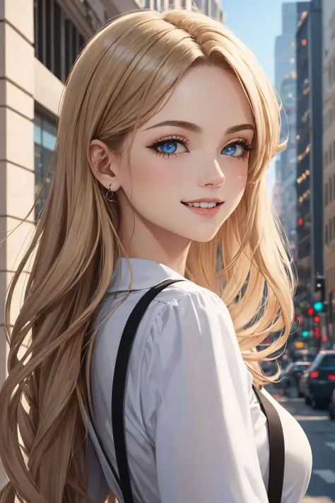 a pretty woman with long blonde hair,perfect face,happy,laughing,city background,sharp,extreme detailed,HD,HDR,4K,masterpiece,high quality,high resolution,breathtaking,award-winning,professional,detailed face,detailed eyes,detailed hair,beautiful,hotify,prettify,prettyeyes,