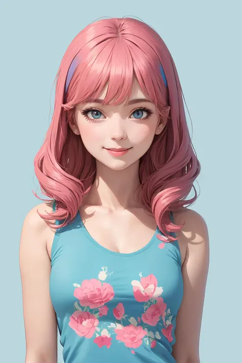 ((((ultra illustrated style:1)))),best quality,best animated,masterpiece,1girl,solo,light blue background,looking at viewer,simple background,pink theme,upper body,smile,