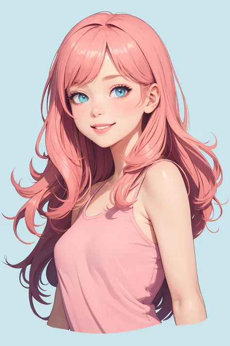 ((((ultra illustrated style:1)))),best quality,best animated,masterpiece,1girl,solo,light blue background,looking at viewer,simple background,pink theme,upper body,smile,