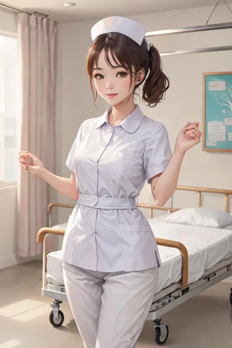 (masterpiece:1.4),(best quality:1.4),ultra high res,HDR,8k resolution,detailed skin texture,detailed cloth texture,
aegyo sal,1girl,solo,(slim waist:1.4),brown hair,medium breasts,smile,nurse,<lora:nurse_v30:0.7>,(collared white nurse_uniform:1.4),(white cardigan:1.3),short sleeves,hat,white nurse cap,white leggings,
(ulzzang-6500:0.5),standing,<lora:infirmary_v0.1:1>,(infirmary:1.5),curtains,