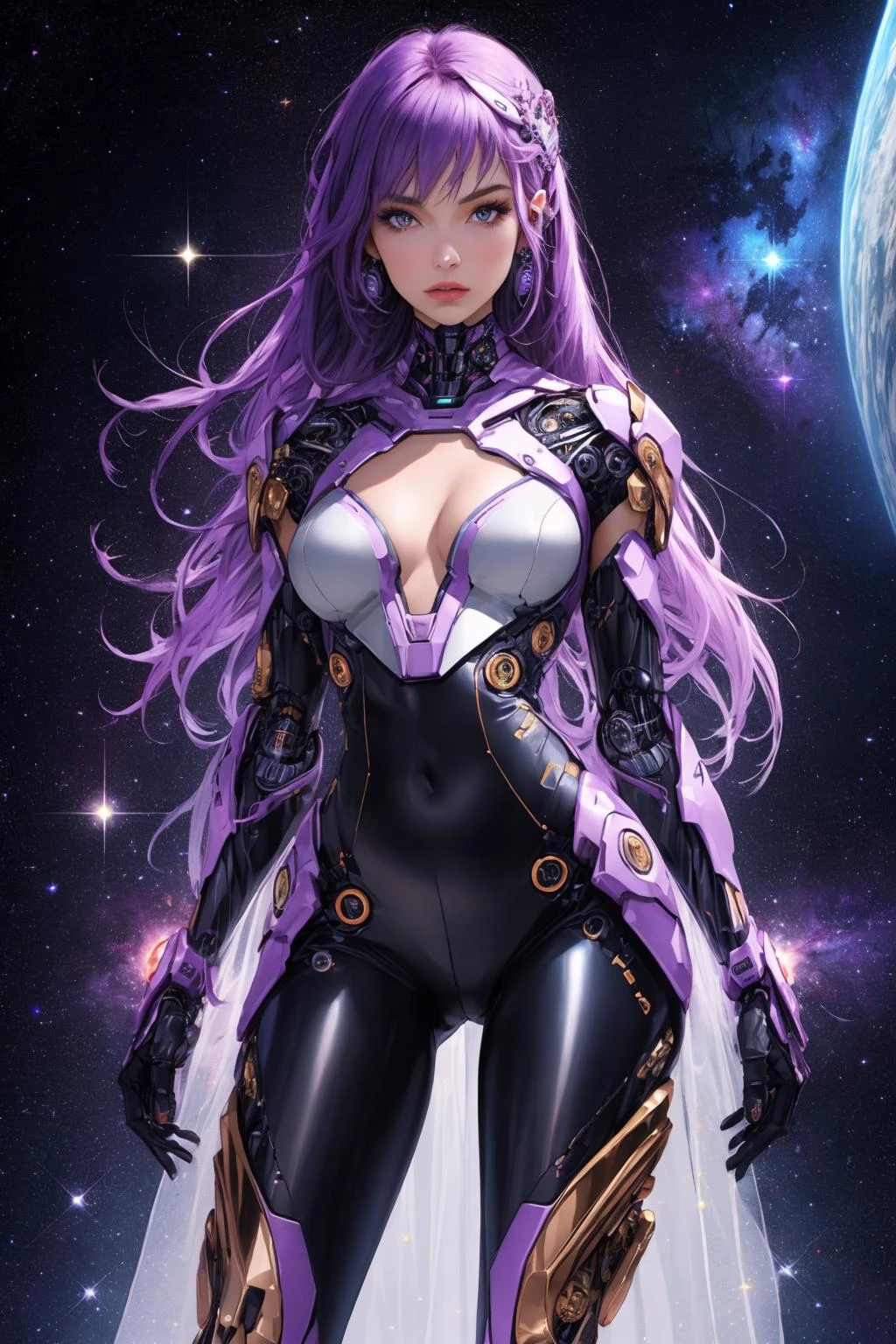 ((best quality)),((masterpiece)),((realistic)),(detailed),cyber enhanced female cyborg wearing (Cosmic Glam Bodysuit:1.1) (Glimmering Galaxy Leggings with Space Odyssey Hues:1.1) (shoulder lenght hairstyle:1.1),(Tte--Tte,Lavender Sparkle color background:1.3),nebula background,<lora:MG_jijia:0.7>,Lavender hair,medium breasts,petite body,cleavage,