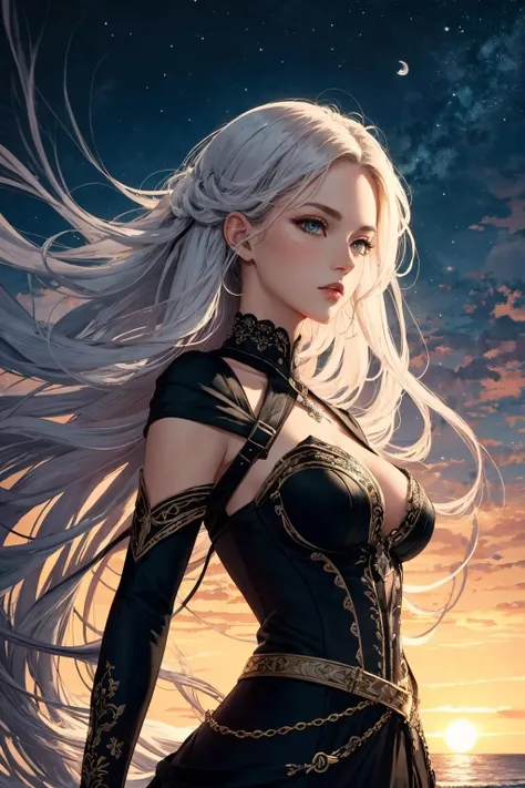 (masterpiece, top quality, best quality, official art, beautiful and aesthetic:1.2),(1girl),extreme detailed,(colorful:1.3),highest detailed,sunset,sea,white hair,(fractal art:1.3),