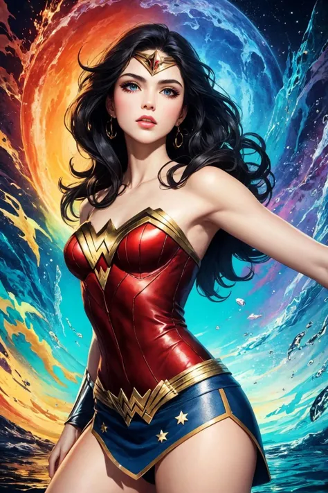 (masterpiece, top quality, best quality, official art, beautiful and aesthetic:1.2),1girl,solo,wonder woman,extreme detailed,(colorful:1.3),highest detailed,sunset,sea,white hair,(fractal art:1.3),