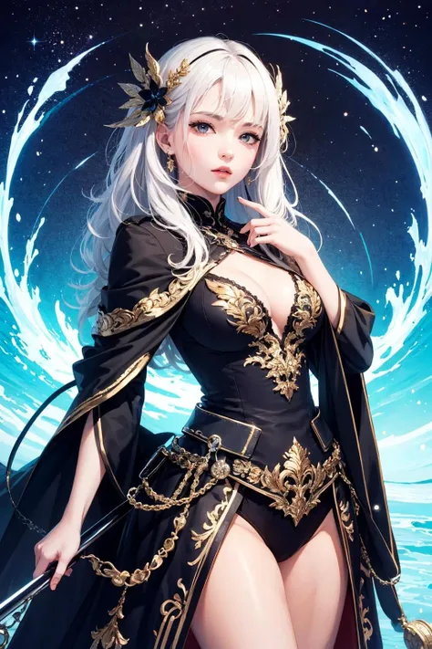 (masterpiece, top quality, best quality, official art, beautiful and aesthetic:1.2),(1girl),extreme detailed,(colorful:1.3),highest detailed,sunset,sea,white hair,(fractal art:1.3),