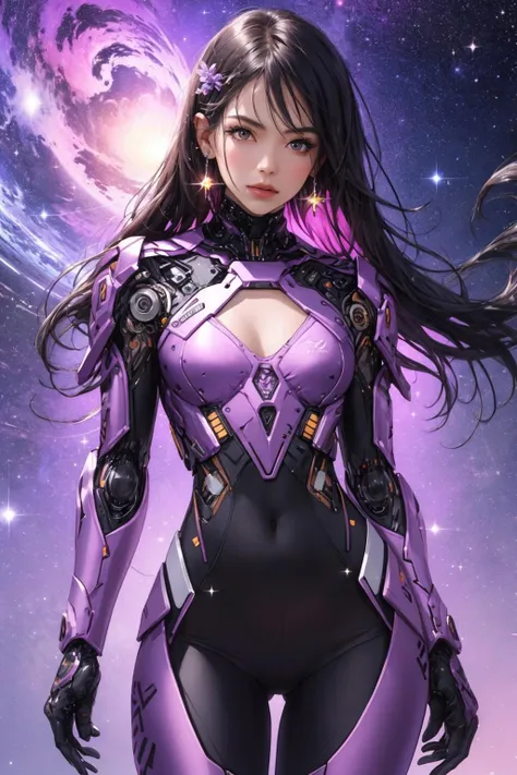 ((best quality)),((masterpiece)),((realistic)),(detailed),cyber enhanced female cyborg wearing (Cosmic Glam Bodysuit:1.1) (Glimmering Galaxy Leggings with Space Odyssey Hues:1.1) (shoulder lenght hairstyle:1.1),(Tte--Tte,Lavender Sparkle color background:1.3),nebula background,<lora:MG_jixie:0.7>,Lavender hair,medium breasts,petite body,cleavage,