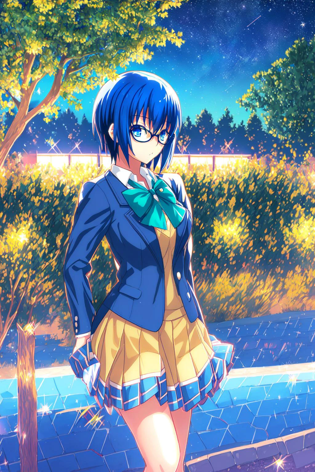<lora:CielTsukihime-000002:0.8> tsukihimeciel, 1girl, school girl, blazer, blue_bow, blue_eyes, blue_hair, bow, bowtie, glasses, jacket, school_uniform, short_hair,outdoors, night, starry sky, greenhouse, landscape, scenery, rooftop, lighting, full body