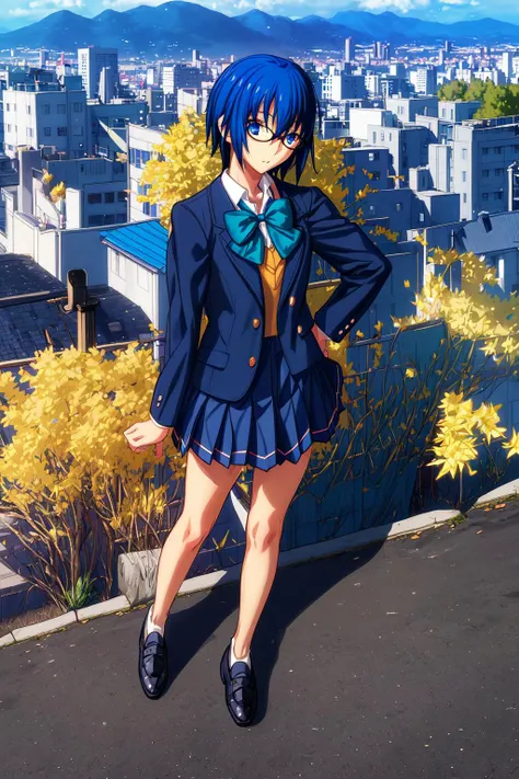 <lora:CielTsukihime-000002:0.8> tsukihimeciel, 1girl, full body, blazer, blue bow, blue eyes, blue hair, bow, bowtie, glasses, jacket, school uniform, short hair, standing, rooftop, cityscape background, detailed face, black shoes, long legs, <lora:add_detail:0.6>