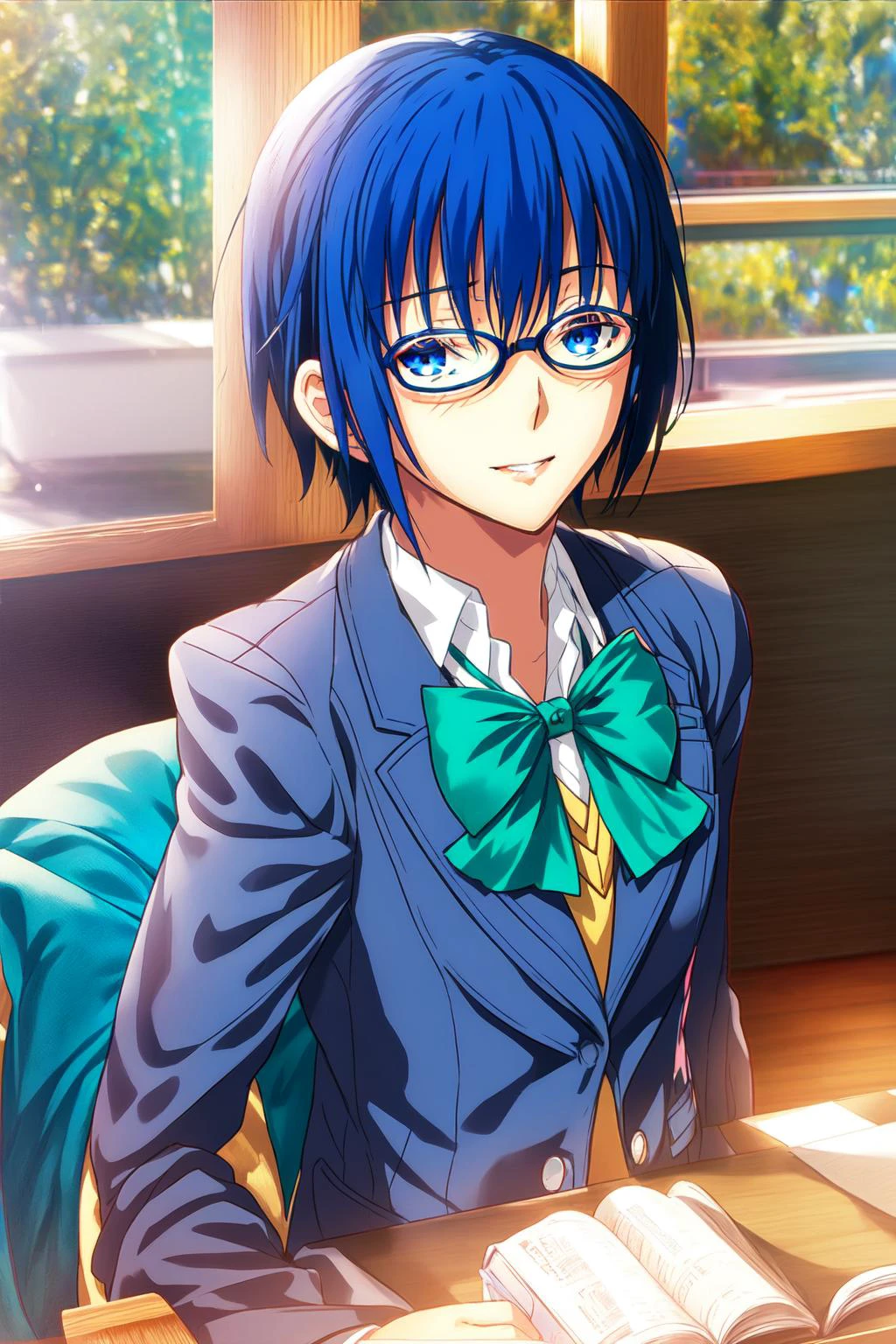 <lora:CielTsukihime-000002:0.8> tsukihimeciel, 1girl, full_body, blazer, blue_bow, blue_eyes, blue_hair, bow, bowtie, glasses, jacket, school_uniform, short_hair, indoor background, sitting, clear face, detailed,