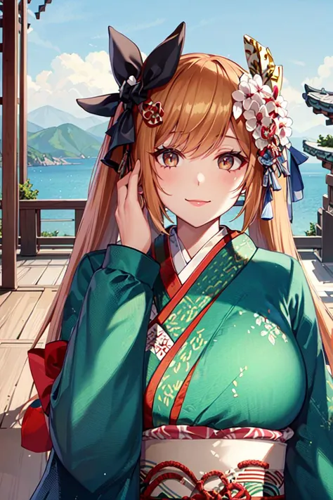 1girl,solo,looking at viewer,smile,
,east asian architecture,upper body,huge breasts,
,(ump9kimono:1.2),
,(shiny skin),(masterpiece:1.4),(best quality:1.4), <lora:ump9GirlsFrontline_v10:1>