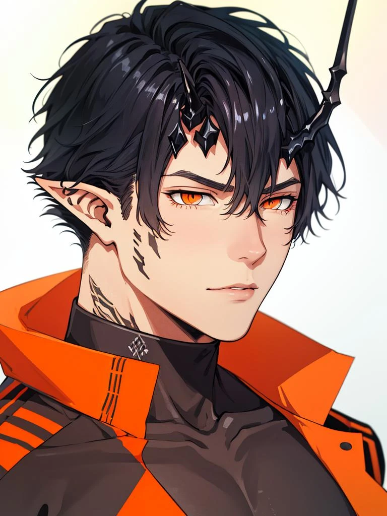 flamebringer \(arknights\),black hair,short hair,pointy ears,orange eyes,single horn,<lora:flamebringer-000005:1>,portrait,, best quality,masterpiece,highres