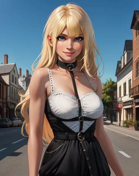 marie, blonde hair, blue eyes, long hair,
black and white dress, collar, cleavage, shorts, white shirt, sleeveless,
smile, standing,
outside, town,
(insanely detailed, beautiful detailed face, masterpiece, best quality), solo, <lora:marierose:0.8>