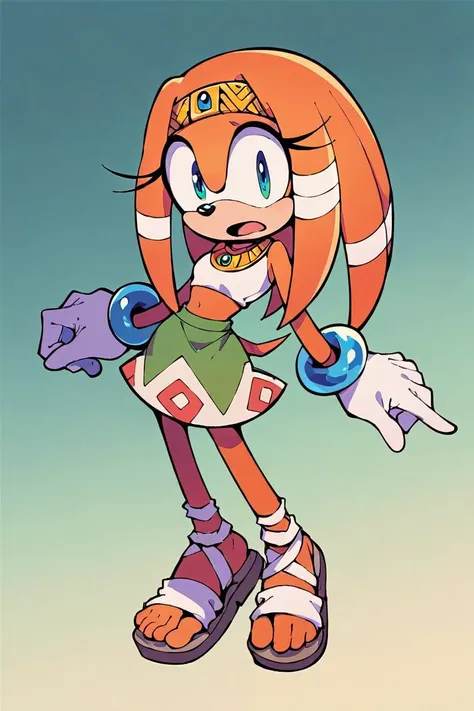 score_9,  score_8_up, 2D, flat color, 1girl, flat background, green gradient background, portrait, tikal the echidna from sonic the hedgehog (series), short skirt, midriff, wide hips, narrow waist, worried expression, standing, sandals, open mouth, separate eyes <lora:TikalSDXL:0.75>  <lora:Smooth Anime 2 Style SDXL_LoRA_Pony Diffusion V6 XL:1>