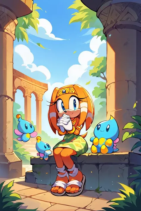 score_9, score_8_up, 2D, flat color, 1girl, solo, outdoors, tikal the echidna from the sonic the hedgehog series, wide hips, narrow waist, sandals, pattern skirt, sitting on stone steps, temple, hands together, happy, smiling, multiple chao <lora:TikalSDXL:0.70> <lora:Smooth Anime 2 Style SDXL_LoRA_Pony Diffusion V6 XL:1>