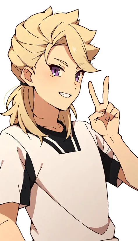 score_9, score_8_up, score_7_up, score_6_up, score_5_up, score_4_up, BREAK source_anime, white background, 1boy, rolan lazarev, long hair, blonde hair, purple eyes, smile, full body, ((v)), pose, looking at viewer, white shirt, white shorts, <lora:Rolan_Lazarev:0.8>
