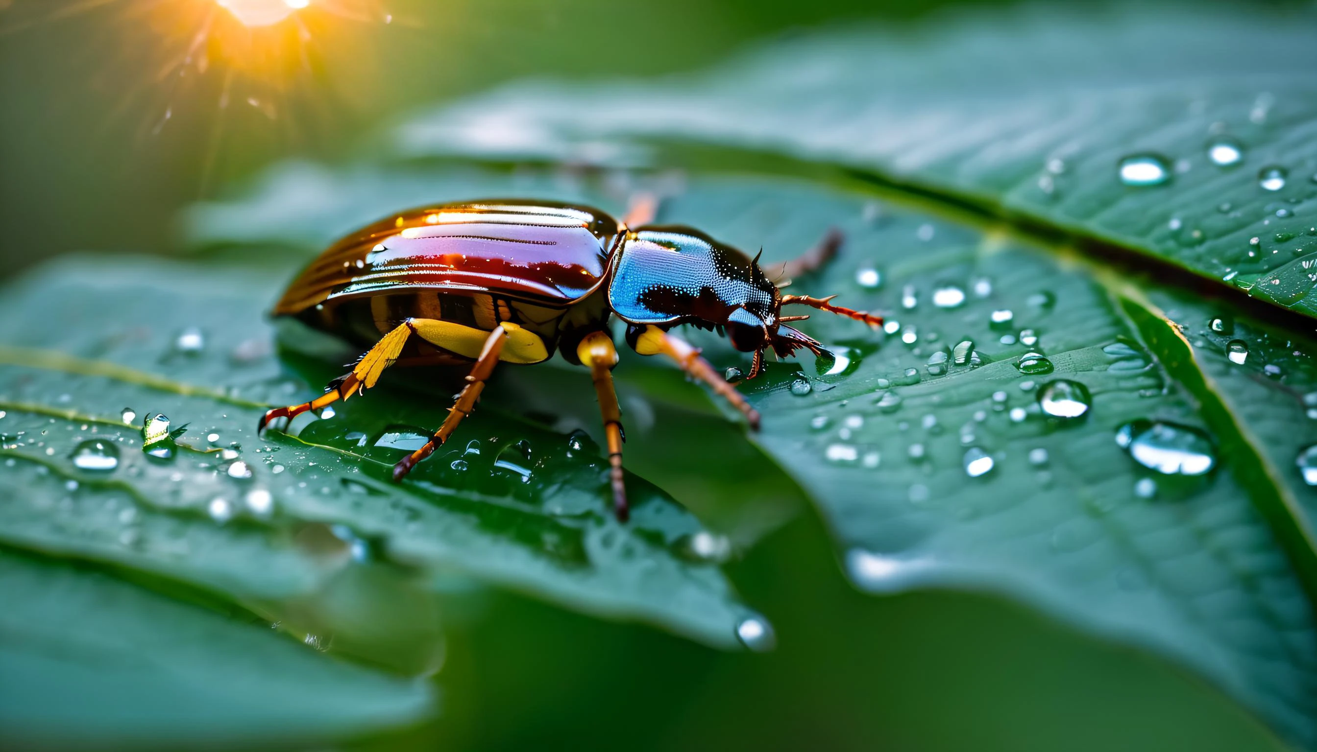 (((no human))) professional closeup photo of 1 beautiful wet insect beetle (lucane) (powerful mandibles) with open wings (drinks a drop of water:1.2) on outdoor curved wet leaf, trunk (faceted eyes, facet eyes:1), wet wings, jungle, wet leaf, water drop, (rain:1.4), (water splashes:1.1), flowing water, (caught in the rain:1.4), scared, sad, afraid,
((thin film of oil on shell)) (spider web in background), 6 legs,
(top view shot:1.1), intricate details, intricate lights, highly detailed, high quality, sharp focus natural lighting, cinema composition, cinematic still, movie framing, golden ratio, (iridescence:1.1), bloom, soft reflections, motion blur, slow motion, Houdini VFX.Rain.Cinematic dramatic atmosphere,sharp focus,soft volumetric sunset lighting, light diffraction, (rainbow:1.1) (hazy atmosphere:1.1)
(8k) DSLR, uhd, hdr (masterpiece, top quality, best quality, beautiful and aesthetic:1.2), volumetric lighting, sunset rim lighting, , soft bokeh, cinematic shot, scenery, side view, dynamic angle, dynamic pose, motion blur, masterpiece, best quality, natural lighting, soft lighting, rim sunlight, wide-angle, golden hour, faded colours, washed-out colours,
detailed, film grain (nikon f4, 50mm f1.2, Fujichrome Velvia 50, bokeh), forest details, (ominous jungle, foggy, ambient light, volumetric light:1), lens flares, global illumination,
<lora:offset_0.2:0.5> <lora:AdvancedEnhancerXL:1.5> <lora:Grit-SDXL:0.3> (pbr texture, grit, stains, (rust, metal worn edges:1) micro-relief on metal, scratches <lora:Ripples-SDXL:0.1> fluid, ripples texture,