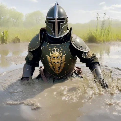 cinematic photo dark (mud sandstone dungeon marsh:1.2}, (rennaisance armored knight:1.2) , closed intricate helmet, emerging from (dark murky swamp liquid pbr mud:1.1), mud water splash, dirt splashing, surface ripples texture, vortexes, fresnel effect, stains <lora:Ripples-SDXL:1> <lora:Grit-SDXL:1> <lora:sandstone-SDXL-m:0.5> <lora:offset_0.2:1> . 35mm photograph, film, bokeh, professional, 4k, highly detailed