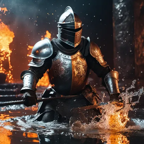 cinematic photo (interior dungeon foundry:1.2}, (cracking sculpure of armored knight:1.2) , emerging from (opaque liquid pbr hot iron metal:1.1), lava hot, splash, splashing molten iron, surface ripples texture, vortexes, fresnel effect, stains <lora:Ripples-SDXL:1> <lora:Grit-SDXL:1> . 35mm photograph, film, bokeh, professional, 4k, highly detailed