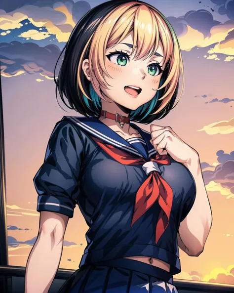 <lora:Osu!PippiMocha:0.8>, pippi \(osu!\), 1girl, bangs, black_sailor_collar, black_shirt, green_eyes, multicolored_hair, neckerchief, red_hair, sailor_collar, school_uniform, serafuku, shirt, short_hair, skirt, solo, sunset, trembling, virtual_youtuber, <lora:add_detail:1>, masterpiece, best quality, perfect composition, <lyco:GoodHands-beta2:1.0>