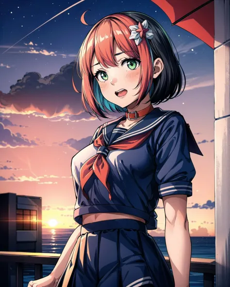 <lora:Osu!PippiMocha:0.8>, pippi \(osu!\), 1girl, bangs, black_sailor_collar, black_shirt, green_eyes, multicolored_hair, neckerchief, red_hair, sailor_collar, school_uniform, serafuku, shirt, short_hair, skirt, solo, sunset, trembling, virtual_youtuber, <lora:add_detail:1>, masterpiece, best quality, perfect composition, <lyco:GoodHands-beta2:1.0>