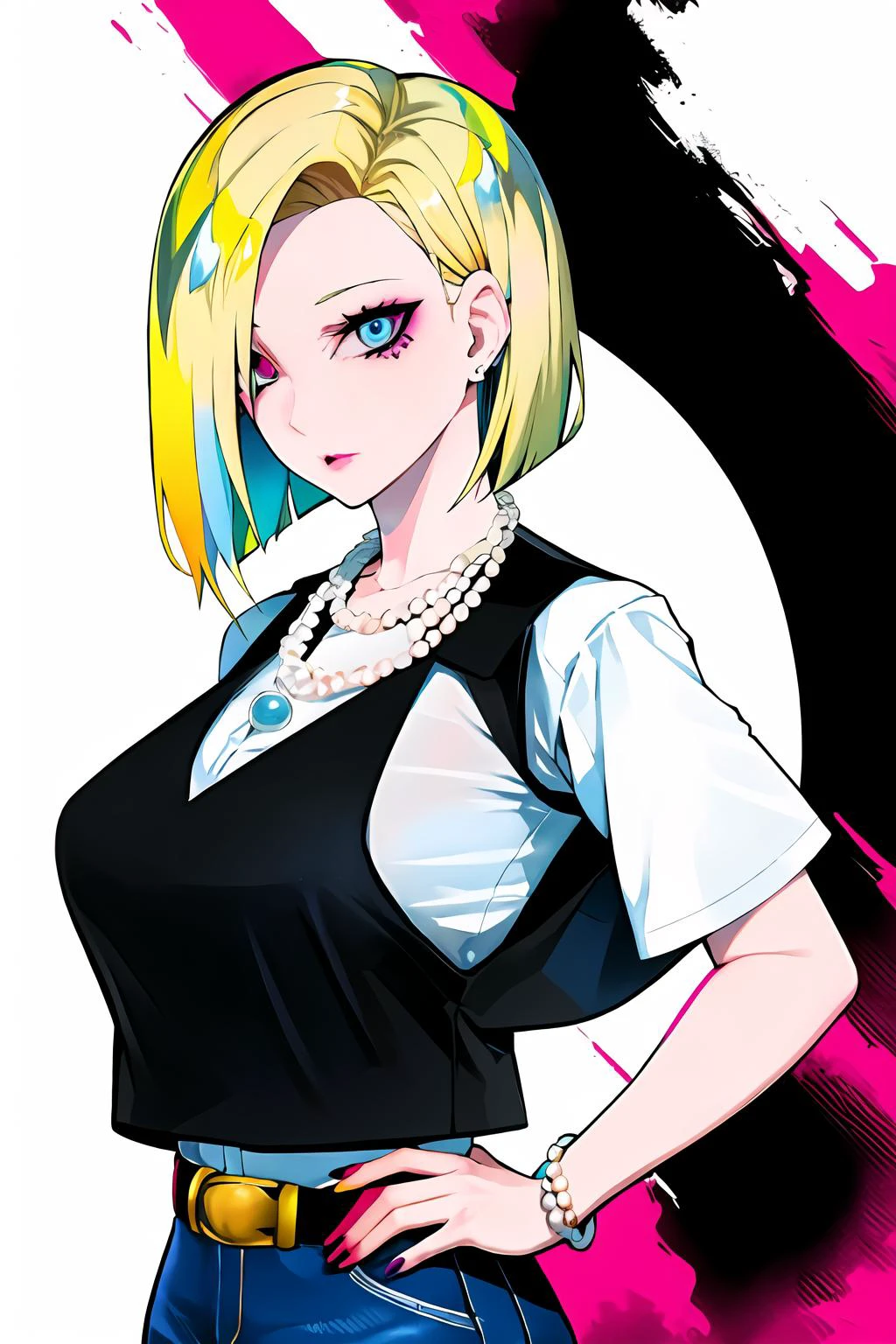 score_9, score_8_up, score_7_up, (aesthetic), (vibrant colors), (masterpiece), (best quality), (ultra-detailed), and18, 1girl, android 18, solo, blonde hair, blue eyes, belt, jeans, pearl_necklace, bracelet, black gloves, white shirt, short hair, short sleeves, earrings, blue pants, open vest, black vest, large breasts, age range 25 to 35, illustration, disheveled hair, detailed eyes, perfect composition, streaked hair, upper body, in frame, multicolored eyes, multicolored hair, 1girl, solo, lam-style <lora:android18-lyco-nochekaiser:0.6> <lora:LAM-v1.1-lycoris-6ep-naivae-64dim:1>