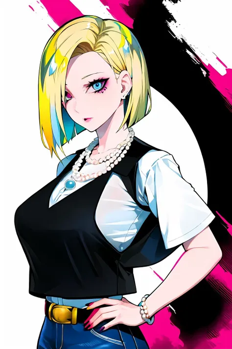 score_9, score_8_up, score_7_up, (aesthetic), (vibrant colors), (masterpiece), (best quality), (ultra-detailed), and18, 1girl, android 18, solo, blonde hair, blue eyes, belt, jeans, pearl_necklace, bracelet, black gloves, white shirt, short hair, short sleeves, earrings, blue pants, open vest, black vest, large breasts, age range 25 to 35, illustration, disheveled hair, detailed eyes, perfect composition, streaked hair, upper body, in frame, multicolored eyes, multicolored hair, 1girl, solo, lam-style   <lora:android18-lyco-nochekaiser:0.6> <lora:LAM-v1.1-lycoris-6ep-naivae-64dim:1>