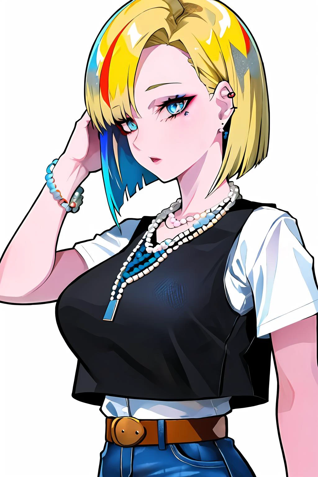 score_9, score_8_up, score_7_up, (aesthetic), (vibrant colors), (masterpiece), (best quality), (ultra-detailed), and18, 1girl, android 18, solo, blonde hair, blue eyes, belt, jeans, pearl_necklace, bracelet, black gloves, white shirt, short hair, short sleeves, earrings, blue pants, open vest, black vest, large breasts, age range 25 to 35, illustration, disheveled hair, detailed eyes, perfect composition, streaked hair, upper body, in frame, multicolored eyes, multicolored hair, 1girl, solo, lam-style <lora:android18-lyco-nochekaiser:0.6> <lora:LAM-v1.1-lycoris-6ep-naivae-64dim:1>