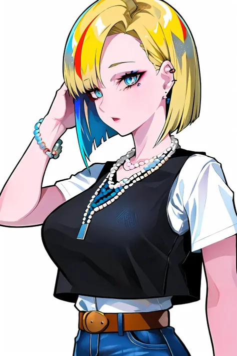 score_9, score_8_up, score_7_up, (aesthetic), (vibrant colors), (masterpiece), (best quality), (ultra-detailed), and18, 1girl, android 18, solo, blonde hair, blue eyes, belt, jeans, pearl_necklace, bracelet, black gloves, white shirt, short hair, short sleeves, earrings, blue pants, open vest, black vest, large breasts, age range 25 to 35, illustration, disheveled hair, detailed eyes, perfect composition, streaked hair, upper body, in frame, multicolored eyes, multicolored hair, 1girl, solo, lam-style   <lora:android18-lyco-nochekaiser:0.6> <lora:LAM-v1.1-lycoris-6ep-naivae-64dim:1>