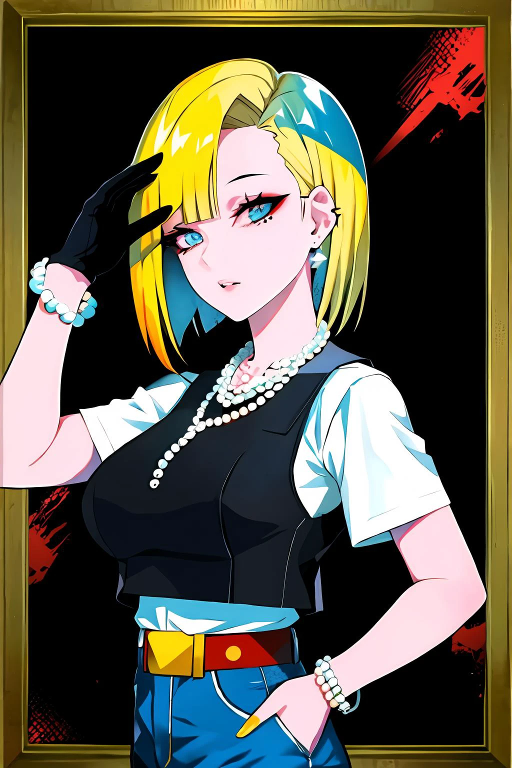score_9, score_8_up, score_7_up, (aesthetic), (vibrant colors), (masterpiece), (best quality), (ultra-detailed), and18, 1girl, android 18, solo, blonde hair, blue eyes, belt, jeans, pearl_necklace, bracelet, black gloves, white shirt, short hair, short sleeves, earrings, blue pants, open vest, black vest, large breasts, age range 25 to 35, illustration, disheveled hair, detailed eyes, perfect composition, streaked hair, upper body, in frame, multicolored eyes, multicolored hair, 1girl, solo, lam-style <lora:android18-lyco-nochekaiser:0.6> <lora:LAM-v1.1-lycoris-6ep-naivae-64dim:1>