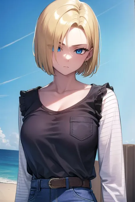 android18, <lyco:android18-lyco-nochekaiser:1>,
android 18, blonde hair, blue eyes, eyelashes, hoop earrings, short hair, earrings,
BREAK belt, black legwear, black shirt, breast pocket, cleavage, collarbone, denim, denim skirt, high-waist skirt, jewelry, long sleeves, pocket, shirt, shirt tucked in, skirt, striped, striped sleeves, waistcoat,,
BREAK outdoors, city, sky, cloud, sun,
BREAK looking at viewer, (cowboy shot:1.5),
BREAK <lyco:GoodHands-beta2:1>, (masterpiece:1.2), best quality, high resolution, unity 8k wallpaper, (illustration:0.8), (beautiful detailed eyes:1.6), extremely detailed face, perfect lighting, extremely detailed CG, (perfect hands, perfect anatomy),