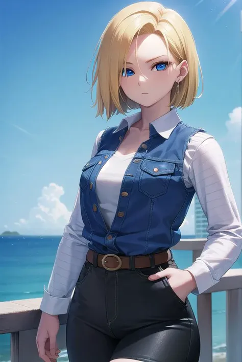 android18, <lyco:android18-lyco-nochekaiser:1>,
android 18, blonde hair, blue eyes, eyelashes, hoop earrings, short hair, earrings,
BREAK belt, black legwear, black shirt, breast pocket, cleavage, collarbone, denim, denim skirt, high-waist skirt, jewelry, long sleeves, pocket, shirt, shirt tucked in, skirt, striped, striped sleeves, waistcoat,,
BREAK outdoors, city, sky, cloud, sun,
BREAK looking at viewer, (cowboy shot:1.5),
BREAK <lyco:GoodHands-beta2:1>, (masterpiece:1.2), best quality, high resolution, unity 8k wallpaper, (illustration:0.8), (beautiful detailed eyes:1.6), extremely detailed face, perfect lighting, extremely detailed CG, (perfect hands, perfect anatomy),