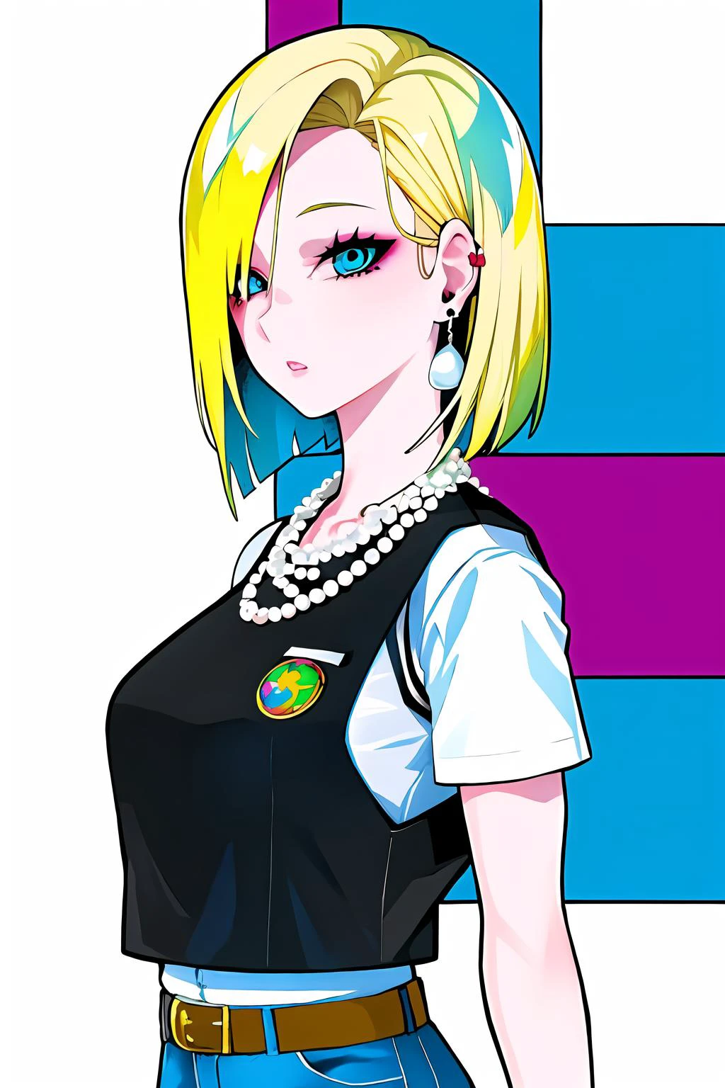 score_9, score_8_up, score_7_up, (aesthetic), (vibrant colors), (masterpiece), (best quality), (ultra-detailed), and18, 1girl, android 18, solo, blonde hair, blue eyes, belt, jeans, pearl_necklace, bracelet, black gloves, white shirt, short hair, short sleeves, earrings, blue pants, open vest, black vest, large breasts, age range 25 to 35, illustration, disheveled hair, detailed eyes, perfect composition, streaked hair, upper body, in frame, multicolored eyes, multicolored hair, 1girl, solo, lam-style <lora:android18-lyco-nochekaiser:0.6> <lora:LAM-v1.1-lycoris-6ep-naivae-64dim:1>