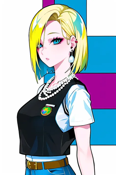 score_9, score_8_up, score_7_up, (aesthetic), (vibrant colors), (masterpiece), (best quality), (ultra-detailed), and18, 1girl, android 18, solo, blonde hair, blue eyes, belt, jeans, pearl_necklace, bracelet, black gloves, white shirt, short hair, short sleeves, earrings, blue pants, open vest, black vest, large breasts, age range 25 to 35, illustration, disheveled hair, detailed eyes, perfect composition, streaked hair, upper body, in frame, multicolored eyes, multicolored hair, 1girl, solo, lam-style   <lora:android18-lyco-nochekaiser:0.6> <lora:LAM-v1.1-lycoris-6ep-naivae-64dim:1>