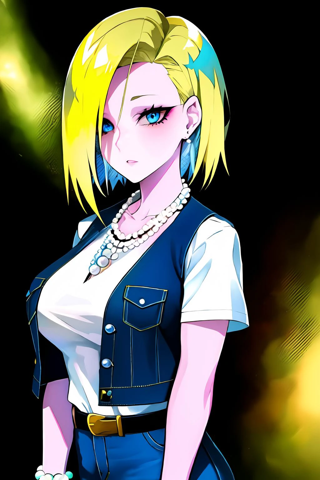 score_9, score_8_up, score_7_up, (aesthetic), (vibrant colors), (masterpiece), (best quality), (ultra-detailed), and18, 1girl, android 18, solo, blonde hair, blue eyes, belt, jeans, pearl_necklace, bracelet, black gloves, white shirt, short hair, short sleeves, earrings, blue pants, open vest, black vest, large breasts, age range 25 to 35, illustration, disheveled hair, detailed eyes, perfect composition, streaked hair, upper body, in frame, multicolored eyes, multicolored hair, 1girl, solo, lam-style <lora:android18-lyco-nochekaiser:0.6> <lora:LAM-v1.1-lycoris-6ep-naivae-64dim:1>