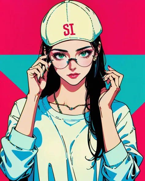 Best quality,masterpiece,ultra high res,1girl,solo,hat,jewelry,green eyes,ring,long hair,black hair,sunglasses,necklace,chromatic aberration,baseball cap,pink background,white shirt,shirt,looking at viewer,upper body,backwards hat,long sleeves,nail polish,bracelet,collarbone,closed mouth,holding,white headwear,makeup,looking over eyewear,
<lora:vaporwave2:0.7>,